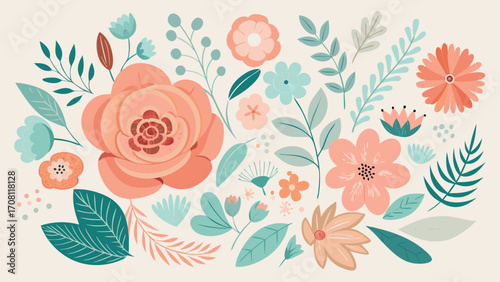 Elegant pastel floral vector composition with peach roses turquoise accents and botanical foliage for springtime designs