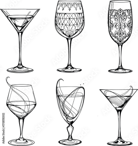 Hand Drawn Sketches Of Different Types Of Wine Glasses
