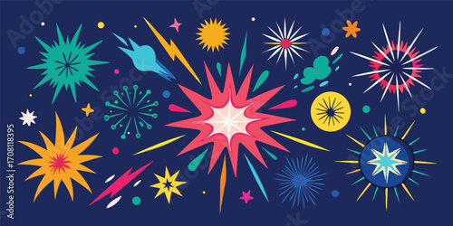 Festive celebration background with colorful starbursts and geometric shapes on deep blue backdrop for holiday and party decor