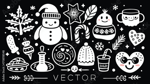 Festive winter holiday set with cute handdrawn icons snowmen candy canes heart characters and christmas elements on a black background