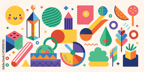 Geometric abstract composition playful flat design bright colors modern artwork featuring sun watermelon globe shapes and various other colorful elements