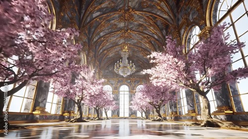 Grand Marble Hall With Pink Cherry Blossoms and Chandeliers