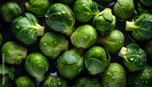 fresh brussel sprouts with droplets of water top view close up background