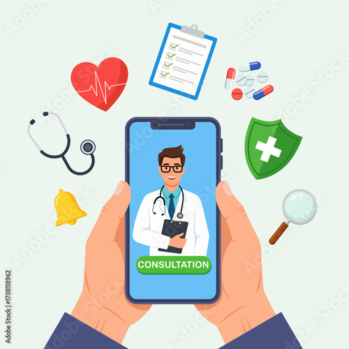 Illustration of a doctor on a smartphone screen, symbolizing online medical consultation and telemedicine services.