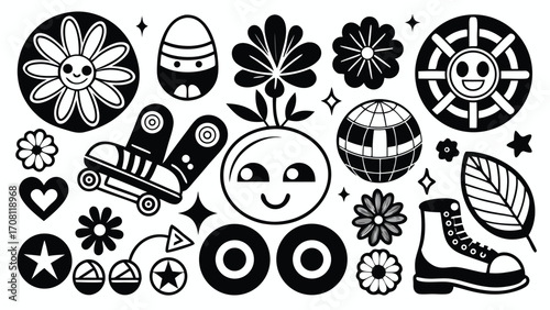 Groovy retro icon set black and white vector illustration featuring flowers planet boot smiley faces and other fun designs perfect for posters