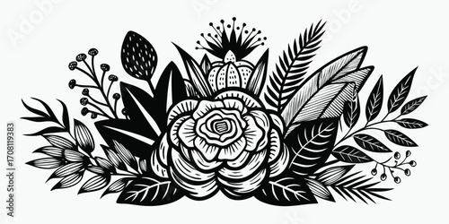 Hand drawn floral arrangement with rose blossom and botanical foliage in black and white elegant design