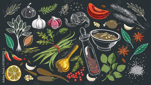 Hand drawn herbs spices and vegetables illustration for culinary backgrounds and cooking themed designs with garlic and fresh herbs