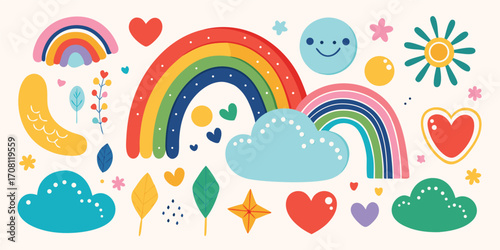 Hand drawn rainbows clouds hearts and floral elements cute kids vector design perfect for backgrounds and printables creating a cheerful scene