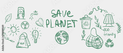 Hand drawn save planet round posters with ecology friendly icons. Vector sketch illustration in vintage crayon green style. Recycling concept, shopper, leaf, solar energy, air pollution