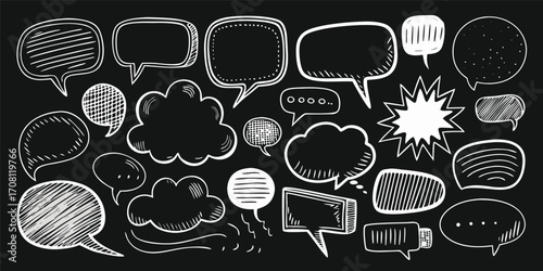 Hand drawn speech bubbles on black background representing communication and social media messaging with doodle style elements for creative projects