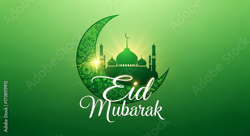 Islamic celebration background featuring a sparkling crescent moon, mosque, and Eid Mubarak typography