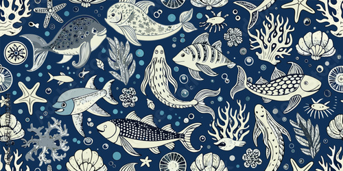 Marine life seamless pattern featuring fish seaweed coral starfish and shells on a deep blue ocean background for fabric design