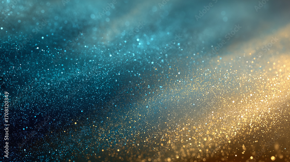 Obraz premium Glittering gold and blue particles create elegant festive background with soft gradient and sparkling bokeh effect, evoking magical and celebratory atmosphere
