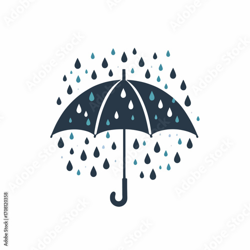 Stylized umbrella amidst whimsical raindrops, illustration of protection from the elements