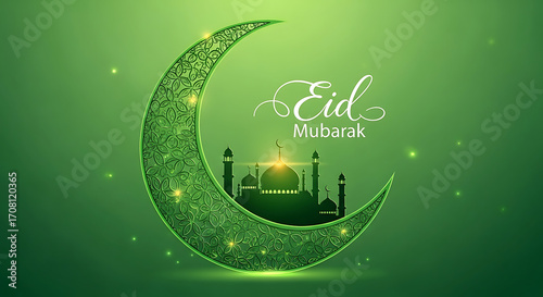 Eid Mubarak Crescent Moon & Mosque - Islamic Greeting Card