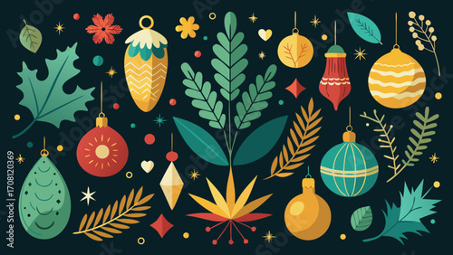 Modern christmas ornament and botanical flat vector art with stars and festive decorations on dark background for seasonal greetings and celebrations