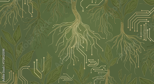 Innovative technology concept merging nature with digital circuits on a green background creates a modern feel