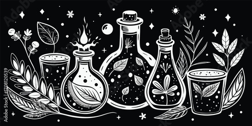 Monochrome alchemy still life with herbs leaves and potions against black background ornamental mystical design elements naturalistic herbs magic and botanical