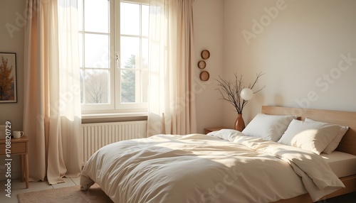 Cozy bedroom bathed in warm sunlight streaming through a large window with sheer curtains