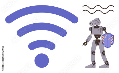 Robot holding a shield next to a large wireless signal, suggesting protection, technology, network, and AI. Ideal for cybersecurity, IoT, automation, digital safety communication concepts modern