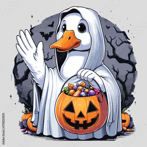 Cute duck dressed as ghost waving hand holding pumpkin candy bucket for halloween trick or treat fun