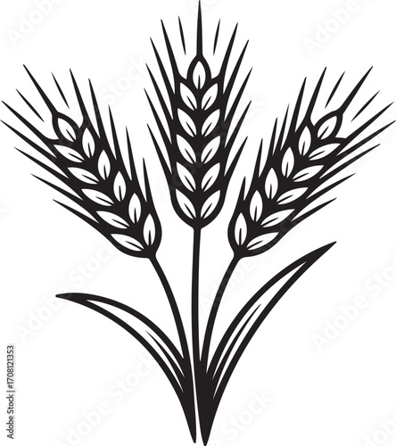 Stylized black silhouette of three wheat stalks with leaves isolated on white background