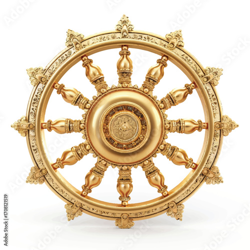 3D golden Dharmachakra wheel, white background.