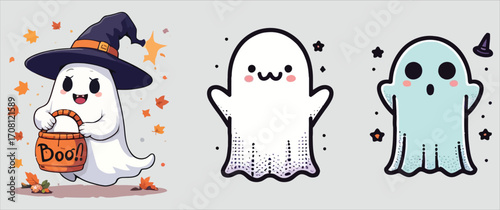 Cute halloween ghost trio adorable characters with witch hat and candy bucket ready for trick or treat fun