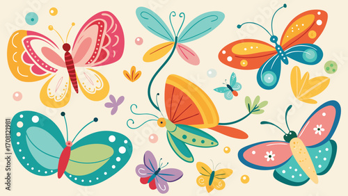 Playful butterfly collection vector illustration colorful winged insects springtime designs graphic elements suitable for backgrounds prints and decorative applications featuring aesthetic motifs
