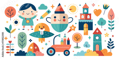Playful childhood adventure vector illustration featuring happy characters castles trees and fantasy elements perfect for kids designs