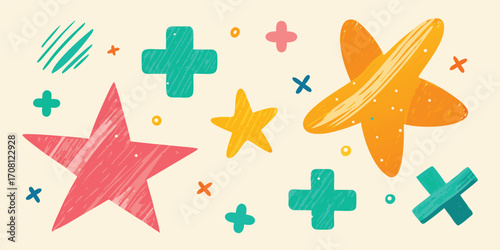 Playful hand drawn stars and plus signs in fun colors creative background texture design with childhood illustration style