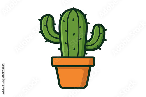 Cactus vector illustration. Cartoon succulent in a pot icon. Flat design graphic of a desert plant. Mexican saguaro houseplant symbol for summer, nature, and botanical concepts.