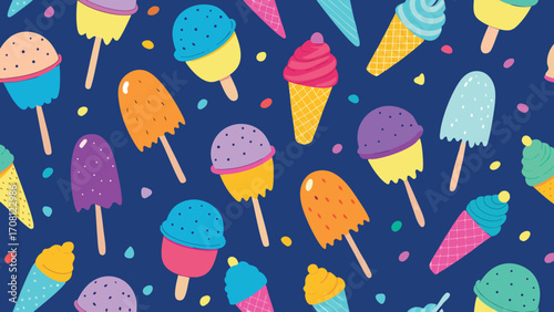 Playful pattern of colorful ice cream treats with popsicles on dark blue background seamless vector design for summer and sweet dessert theme