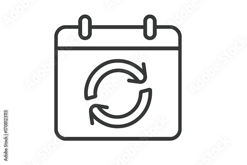 Recurring event icon. Calendar with refresh arrows. Reschedule, update, sync symbol. Vector line art for agenda, schedule, subscription renewal. Continuous process concept.