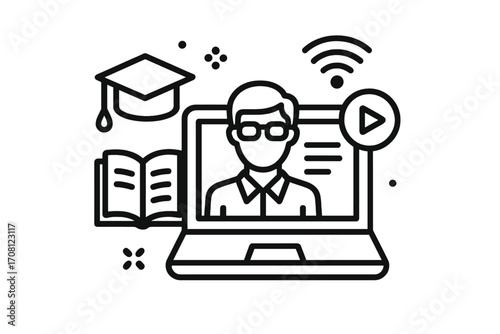 E-learning concept icon for online education. Webinar and video lesson with teacher on laptop screen. Distance learning, virtual classroom, graduation and online course.