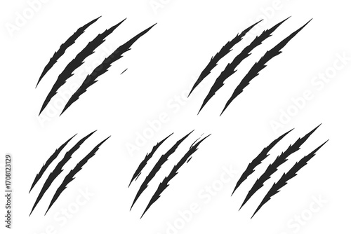 Claw scratch marks vector set. Wild animal predator slash. Tiger, lion, or bear paw rip effect. Isolated illustration of damage, tear, or attack on a transparent background.