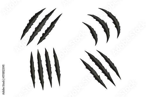 Claw scratch marks vector set. Animal monster attack. Slashed torn paper effect. Beast paw trace. Horror, danger and fear concept. Wild cat, tiger, bear, lion claw.