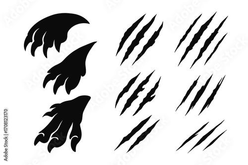 Set of monster claw scratches and dragon paws. Vector silhouette collection of animal beast tear marks. Predator slash signs for horror or Halloween design isolated elements.