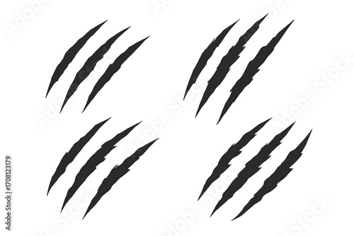 Claw scratches vector set. Animal paw marks silhouette. Wild tiger, bear or monster attack. Ripped, torn paper effect. Grunge slash illustration. Black predator traces.