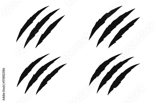 Claw scratch marks set. Animal claw rip. Monster tear silhouette. Vector illustration of a wild beast attack trace. Predator track signs. Grunge scary horror effect. Danger.