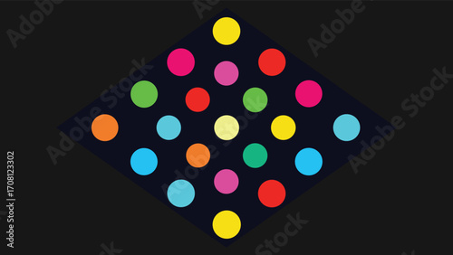 Diamond Shape Filled with Colorful Polka Dots on a Dark Background Keywords: diamond, shape, colorful, polka dots, circles, pattern, dark background, navy, yellow, pink, green, red, blue, orange