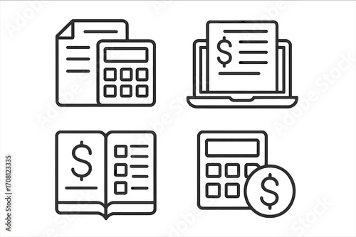Accounting and finance linear icon set. Vector illustration for bookkeeping, budget planning, financial reports, calculation, and online banking. Business economy concept.