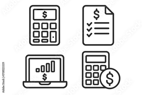 Finance and accounting linear icon set. Financial management concept. Vector icons for budget, calculator, economy, invoice, report, investment, savings, profit and payment.