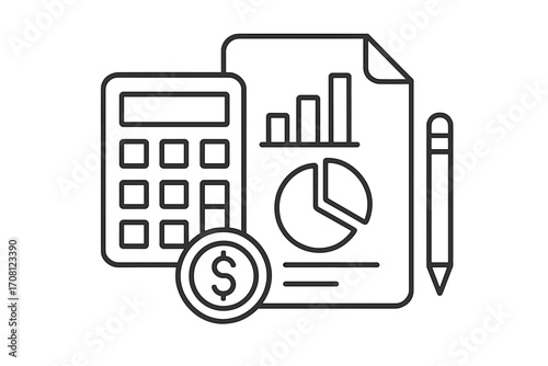 Financial accounting and bookkeeping line icon. Business report with data charts and graphs. Budget calculation, financial audit and economy analysis concept. Vector illustration.