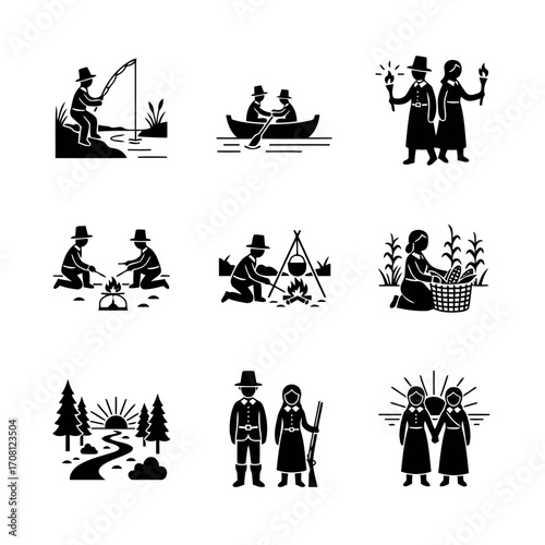 Vector art of pictogram depictions of pilgrim activities, showcasing fishing, boating, cooking, and harvest