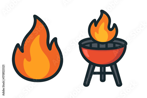 Fire and grill icon set. Flame silhouette vector cartoon illustration. Barbecue, BBQ, campfire and bonfire concept. Symbol for hot, burn, heat and cooking. Isolated on white.