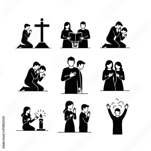 Vector art of pictogram depictions of religious activities, showcasing prayer, worship, and faith
