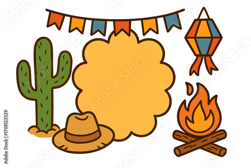 Festa Junina vector set. Brazilian June Party celebration elements. Cartoon bonfire, lantern, cactus, hat, flags. São João holiday template for poster or invitation design.