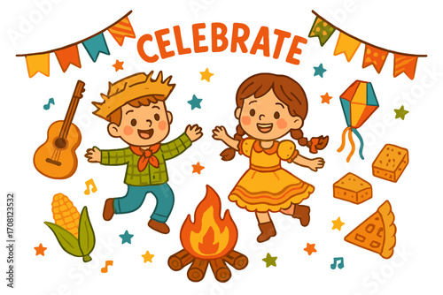 Festa Junina vector illustration set. Brazilian June festival celebration with kids dancing, bonfire, guitar, corn, and traditional food. Cartoon characters for party poster.
