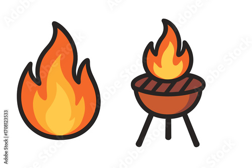 Fire flame icon and barbecue grill symbol set. Vector cartoon illustration for BBQ party, cooking, or bonfire concept. Simple flat design element. Hot burn and heat sign.